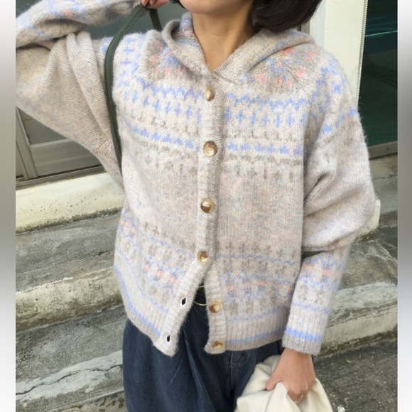 Elegant Gray Patterned Hooded Cardigan cottagecore - Picture 3 of 7